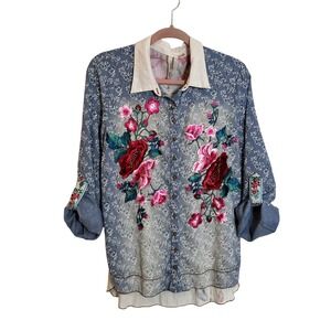 Aratta Silent Journey Embroidered Floral Top Size L Blue Pink Roll Tab Sleeve